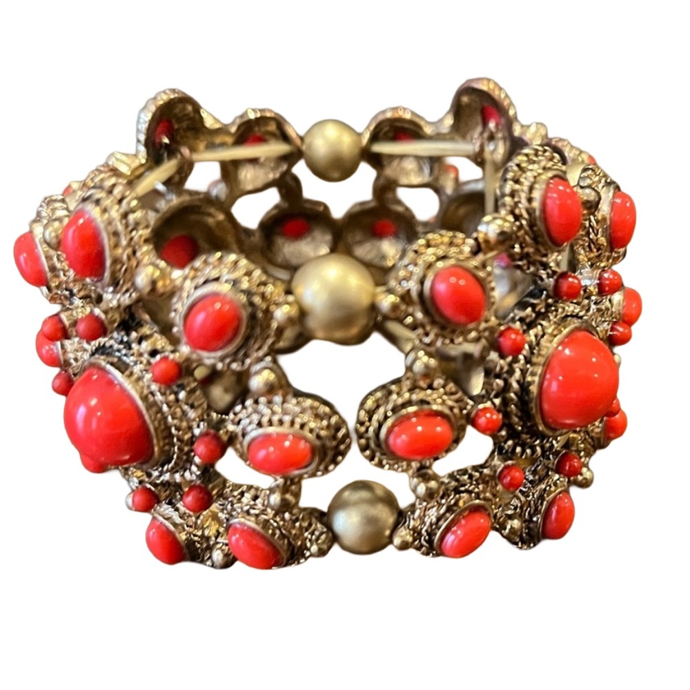 Gold tone and orange stone wide stretch elastic segment bracelet